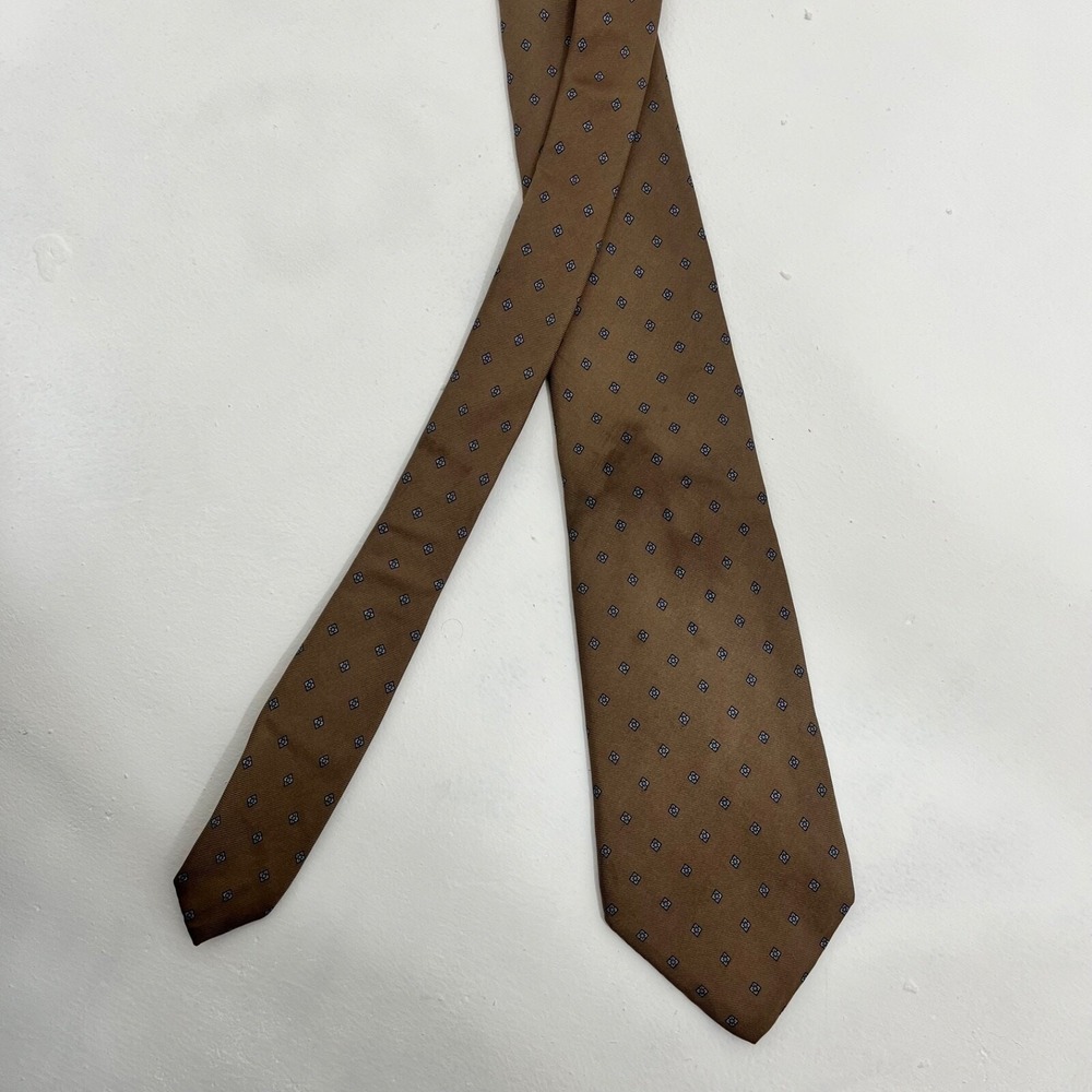 Vintage Christian Dior Silk Tie Brown Diamond Print Blue Center 3.25"x56" - Picture 2 of 6